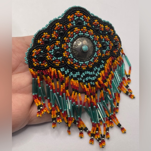 Artisan Fabulous Beaded Hair Barrette with Sterling and Turquoise Center
